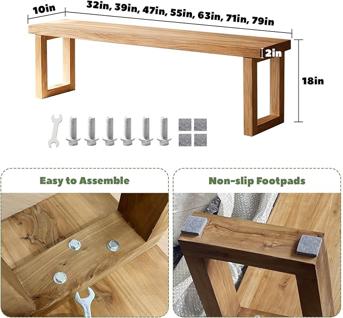 Narrow Farmhouse Bench Skinny Wooden Entryway Long Bench 32" 39" 47" 55" 63" 71" 79" Rustic Indoor Benches for Hallway Kitchen Dining Bedroom End of Bed Easy Assembly Natural Finish(79x10xH18")