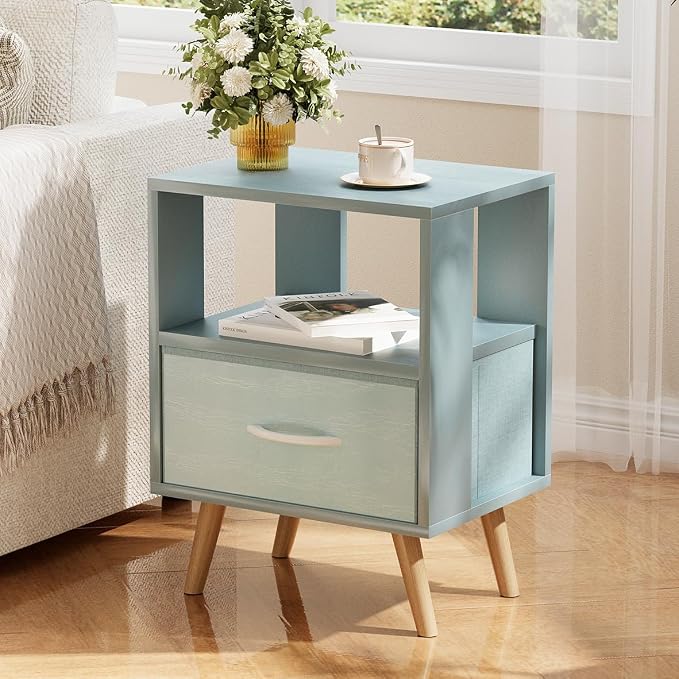 Huhote Kids Nightstand, 2-Tier Night Stand with Drawer, Modern Side Table for Bedroom, Study Room, Small Spaces, Blue