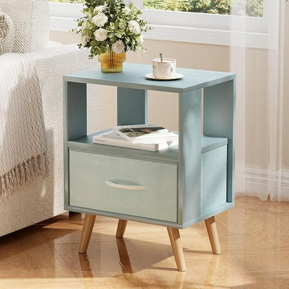 Huhote Kids Nightstand, 2-Tier Night Stand with Drawer, Modern Side Table for Bedroom, Study Room, Small Spaces, Blue