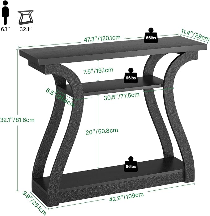 Wooden Console Table with Curved Legs and Shelf, 3-Tier Modern Accent Narrow Sofa Table for Entrance Area, Living Room, Hallway, 47 in Wide Wood Console Table for Entryway (Black)