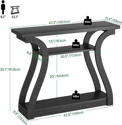 Wooden Console Table with Curved Legs and Shelf, 3-Tier Modern Accent Narrow Sofa Table for Entrance Area, Living Room, Hallway, 47 in Wide Wood Console Table for Entryway (Black)