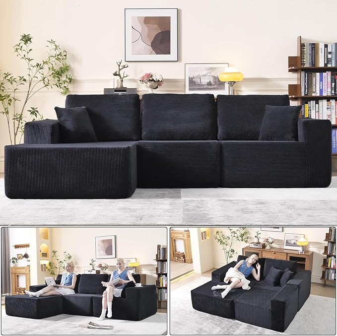 WHGBJA 108" Modular Sectional Sofa — Oversized Cloud Couch with L-Shape Chaise, Upholstered 3-Seat Modular Sectional for Living Room (Black)