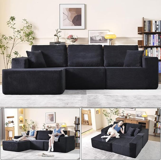 WHGBJA 108" Modular Sectional Sofa — Oversized Cloud Couch with L-Shape Chaise, Upholstered 3-Seat Modular Sectional for Living Room (Black)