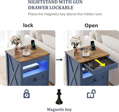 TAGELIER Farmhous Nightstand with Gun Drawer,Bedside Table with Charging Station, Gun Night Stand with LED Light & Human Sensor,Smart End Table for Bedroom, Blue