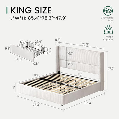 LARMACE King Size Bed Frame with 4 Storage Drawers Modern White Corduroy Upholstered Platform Bed Frame with Headboard Tufted Vertical Stripe &Wooden Slats Support, No Box Spring Need,Easy Assembly