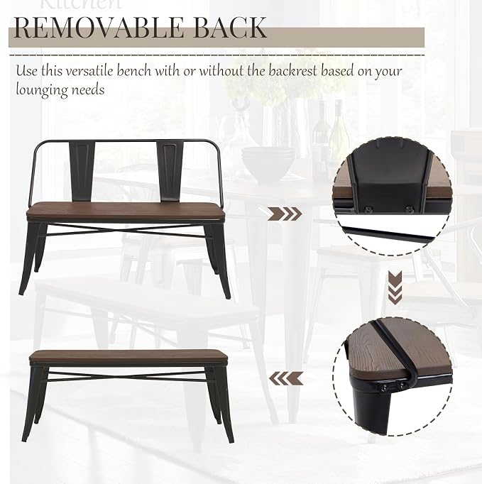 YOLENY Dining Bench, Entryway Bench with Back, Farmhouse Metal Dining Bench, Industrial Mid-Century 3 Person Rustic Spindle Bench, with Wood Seat, Removable Backrest, 42in, Black