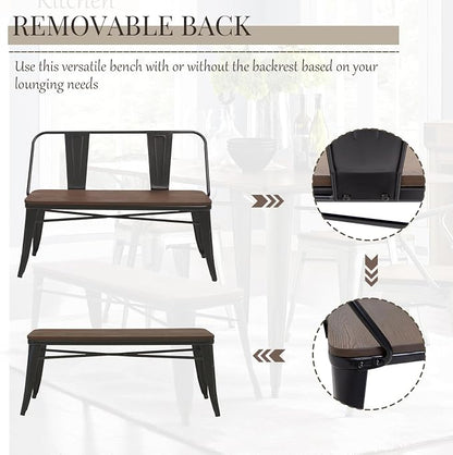 YOLENY Dining Bench, Entryway Bench with Back, Farmhouse Metal Dining Bench, Industrial Mid-Century 3 Person Rustic Spindle Bench, with Wood Seat, Removable Backrest, 42in, Black