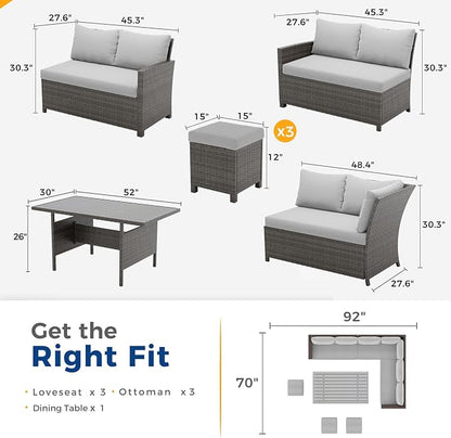 Wisteria Lane 7 Piece Patio Furniture Set, High Curved Back Wicker Outdoor Dining Set, All Weather Patio Sectional, Outdoor Furniture Patio Conversation Set with Ottoman, Grey