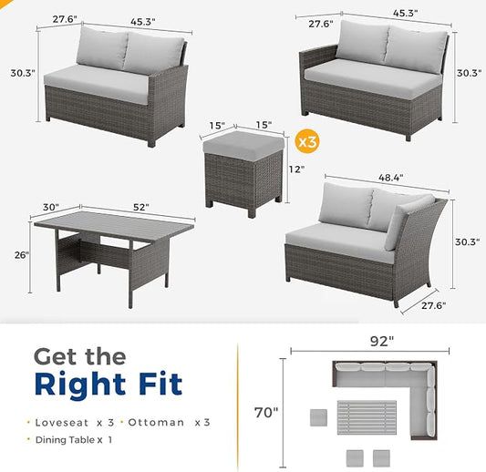 Wisteria Lane 7 Piece Patio Furniture Set, High Curved Back Wicker Outdoor Dining Set, All Weather Patio Sectional, Outdoor Furniture Patio Conversation Set with Ottoman, Grey