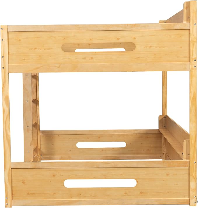 Wood Bunk Bed Queen over Queen Size with Built-in Storage Shelves and USB Ports on Upper and Lower, Versatile Bunk Bed Frame with Ladder and Guardrail for Kids Teens Adult, Maximize Space (Wood-1.1)