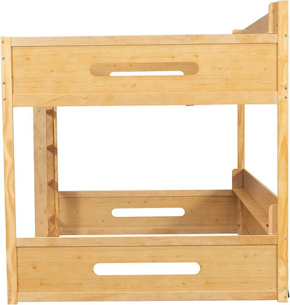 Wood Bunk Bed Queen over Queen Size with Built-in Storage Shelves and USB Ports on Upper and Lower, Versatile Bunk Bed Frame with Ladder and Guardrail for Kids Teens Adult, Maximize Space (Wood-1.1)