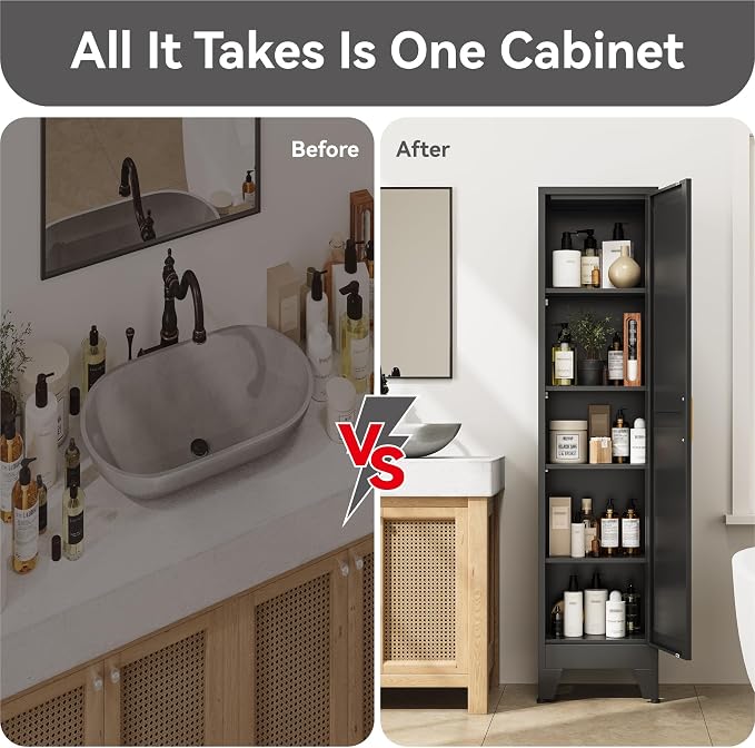 67" Tall Narrow Storage Cabinet with Reversible Doors and Adjustable Shelves,11.8" Deep By 15.7" Wide Metal Slim Cabinet for Bathroom Kitchen Garage Small Spaces,Black,1 Pc