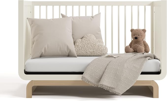 Storkcraft Santorini 5-in-1 Convertible Crib with Toddler Guardrail – GREENGUARD Gold Certified, Conversion Kit Included, 100% Solid Wood, Fits Standard Crib Mattress (Frosted Oat and Driftwood)