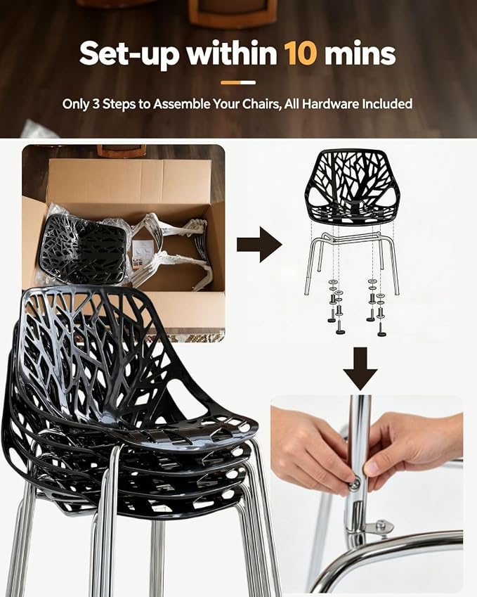 Karl home Stackable Dining Chairs Set of 4, 3-Step Assembly, 350LBS, Black | Bird's nest trunk pattern, robust metal frame, 350lbs capacity, plastic construction, for kitchen/dining/bedroom/living room