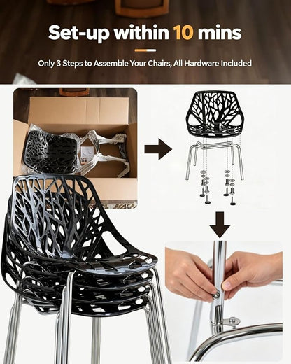 Karl home Stackable Dining Chairs Set of 4, 3-Step Assembly, 350LBS, Black | Bird's nest trunk pattern, robust metal frame, 350lbs capacity, plastic construction, for kitchen/dining/bedroom/living room