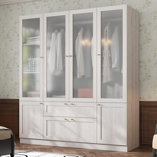 Modern Almirah for Clothes, Large Tall Storage Closet Cabinet with Frosted Tempered Glass Doors and Shelves, Standing Armoire Clothes Closet with Storage Drawers for Bedroom,Light Wood Grain