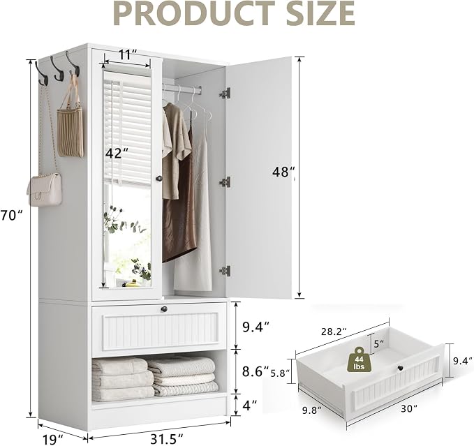 Feonase Armoire Wardrobe Cabinet with Mirror and Drawer, 70" 2-Door Wooden Closet Organizer for Bedroom Storage, White