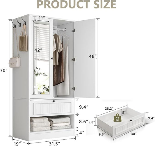 Feonase Armoire Wardrobe Cabinet with Mirror and Drawer, 70" 2-Door Wooden Closet Organizer for Bedroom Storage, White