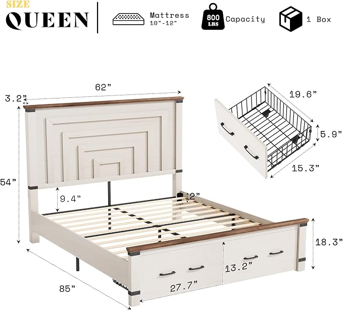 AMERLIFE 2 Pieces Farmhouse Bedroom Set, Includes Wood Rustic Full Size Bed Frame with 54" Tall Headboard, 48" Tall 5 Drawers Dresser Chest, Heavy Duty Thick Plank Styling, Antique White