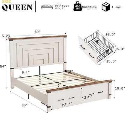 AMERLIFE 2 Pieces Farmhouse Bedroom Set, Includes Wood Rustic Full Size Bed Frame with 54" Tall Headboard, 48" Tall 5 Drawers Dresser Chest, Heavy Duty Thick Plank Styling, Antique White