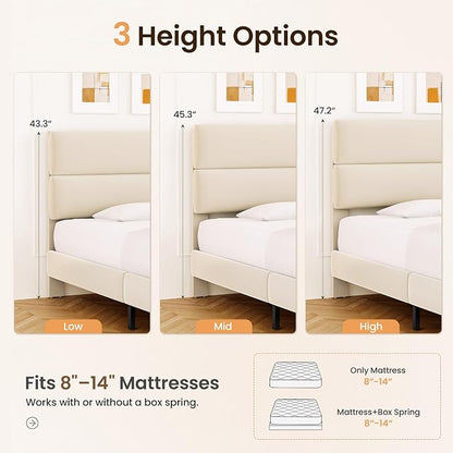 GRUSIGN Full Size Platform Bed Frame with Velvet Headboard, Adjustable Height Wooden Slats Support, Upholstered Mattress Foundation, Fits Mattress or Mattress with Box Spring, Easy Assembly, Beige