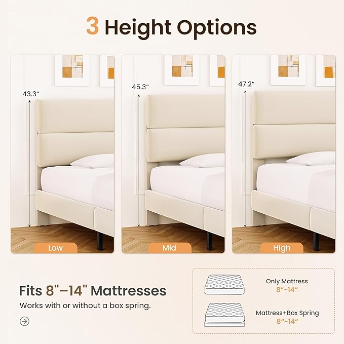 GRUSIGN Twin Size Platform Bed Frame with Velvet Headboard, Adjustable Height Wooden Slats Support, Upholstered Mattress Foundation, Fits Mattress or Mattress with Box Spring, Easy Assembly, Beige