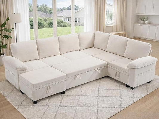 108" Modular Sectional Sofa Bed with Storage, L Shaped Pull Out Couch, Removable Chenille Sofa Cover for Living Room(Beige, 7 Seat)