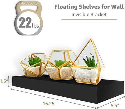 Sorbus Floating Shelves for Wall – 16 Inch Floating Shelf for Kitchen, Bedroom, Living Room, Bathroom, Home & Wall Decor - Mounted Bathroom Shelves with Invisible Brackets (Black, 3 Pack)