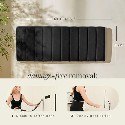 Hearth & Harbor Wall Mounted Queen Headboard Only, Bed Headboard Queen Size | Easy Assemble, Floating Peel and Stick, Upholstered, Channel Stitched, 3D Wall Panels, 5 Strips of 3M Tape Included, Black