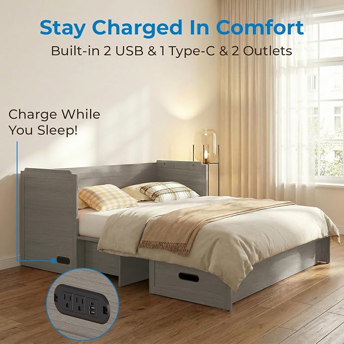 Mjkone Queen Size Murphy Cabinet Bed with Mattress Include, Queen Cube Cabinet Bed with Storage Drawer, Modern Murphy Beds with USB Charging Station for Guest Room Living Room Apartment, Grey