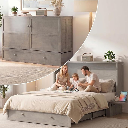 Mjkone Queen Murphy Bed Cabinet with Tri-fold Mattress, Cabinet Bed with Built-in Charging Station, Storage Drawer, Solid Wood Cabinets Bed, Cube Murphy Chest Beds for Guest Room, Home, Office, Grey