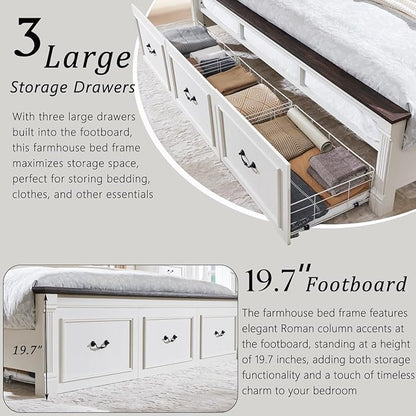 Aitjunz Farmhouse King Size Bed Frame with 51" Tall Headboard, Wood Platform Bed Frame with 20" Tall Roman Column Decoration Footboard & 3 Large Storage Drawers, No Box Spring Needed (White)
