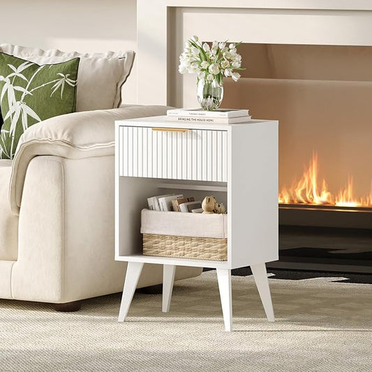 YAUKOMEL Fluted Night Stand with Opening Storage,Mid Century Bedside Table with Drawer,Modern Nightstand with Solid Wood Legs,End Table Side Table for Living Room,Bedroom,White CTG56W