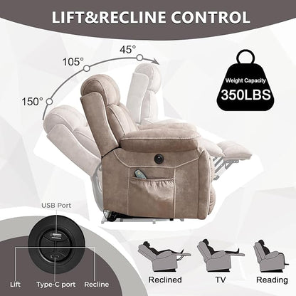 CANMOV Large Power Lift Recliner Chairs with Massage and Heat for Elderly Big People, Heavy Duty Motion Reclining Mechanism-Anti Skid Fabric Recliner Chair with 2 Concealed Cup Holders,Light Brown