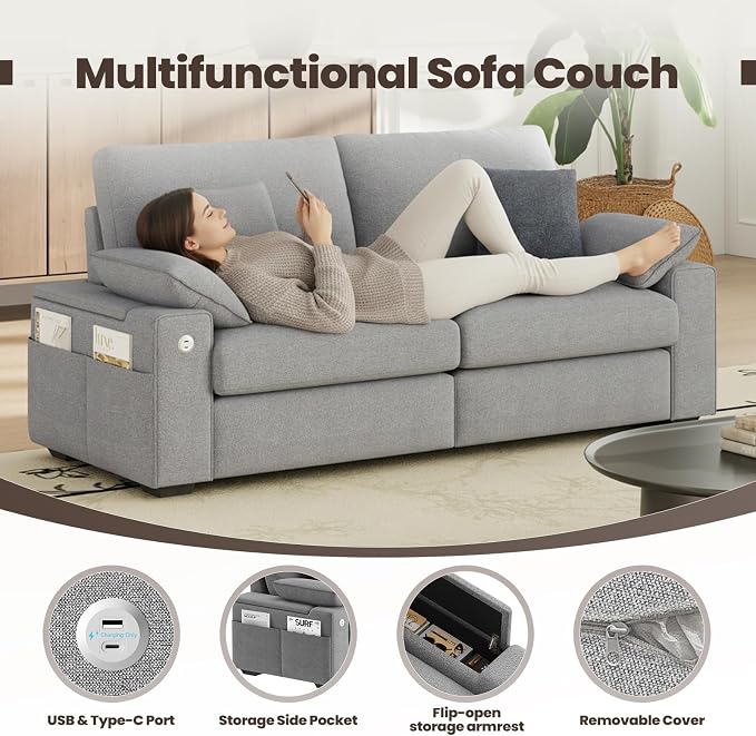 MALOL 76" Loveseat Couch, 3 Seater Upholstered Midcentury Mondern Love Seat with USB Type C Ports, 4 Pillows and Storage Armrest Cloud Foam Sofa for Living Room/Small Spaces, Grey | Breathable material