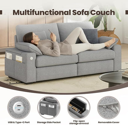 MALOL 76" Loveseat Couch, 3 Seater Upholstered Midcentury Mondern Love Seat with USB Type C Ports, 4 Pillows and Storage Armrest Cloud Foam Sofa for Living Room/Small Spaces, Grey | Breathable material