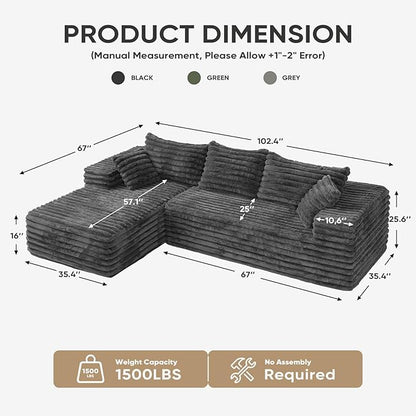 2" Corduroy Boneless Couches for Living Room, L Shape Sofa with Chaise | 102.4" Modular Sectional Sofa, Cloud Couch Sectional with Deep Seat, No Assembly, Grey, Left Chaise