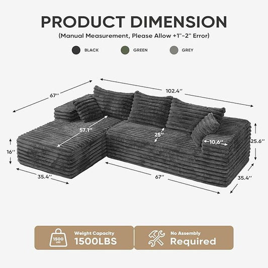 2" Corduroy Boneless Couches for Living Room, L Shape Sofa with Chaise | 102.4" Modular Sectional Sofa, Cloud Couch Sectional with Deep Seat, No Assembly, Grey, Left Chaise