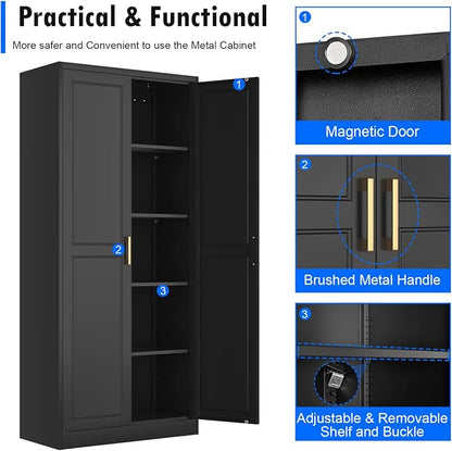 Polup Pantry Cabinet, 71 Inch Tall Kitchen Storage Cabinet, Metal Pantry Cabinet with Doors and Adjustable Shelves, Freestanding Heavy Duty Steel Utility Cupboard for Garage, Laundry, Black