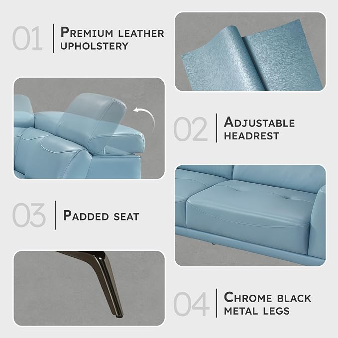 Lexicon L-Shaped Sectional Couch with Right Chaise, Top Grain Leather Match Sectional Sofa, Adjustable Headrests, Black Chrome Metal Legs, High-Density Cushions, Stitching, for Living Room, Blue