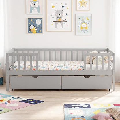 Giantex Full Kids Bed with Storage Drawers, Wood Montessori Bed with Rails & Side Shelf, Low Daybed Bed Frame for Boys Girls, No Box Spring Needed (Grey)