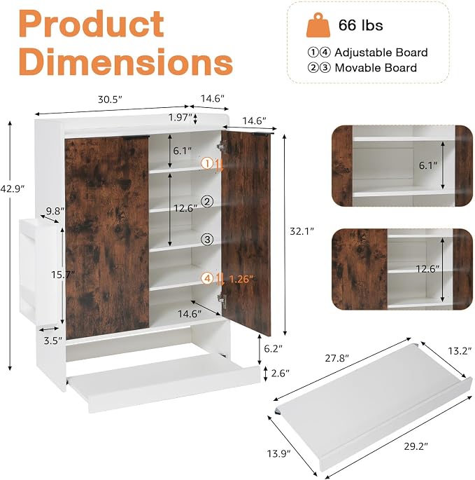 Verano Garden Shoe Cabinet with Doors, 7-Tier Wood Shoe Storage Cabinet with 4 Adjustable Shelves, No Bend Shoe Rack Organizer with Umbrella Stand&Drawer, 43" Tall Shoe Organizer for Entryway