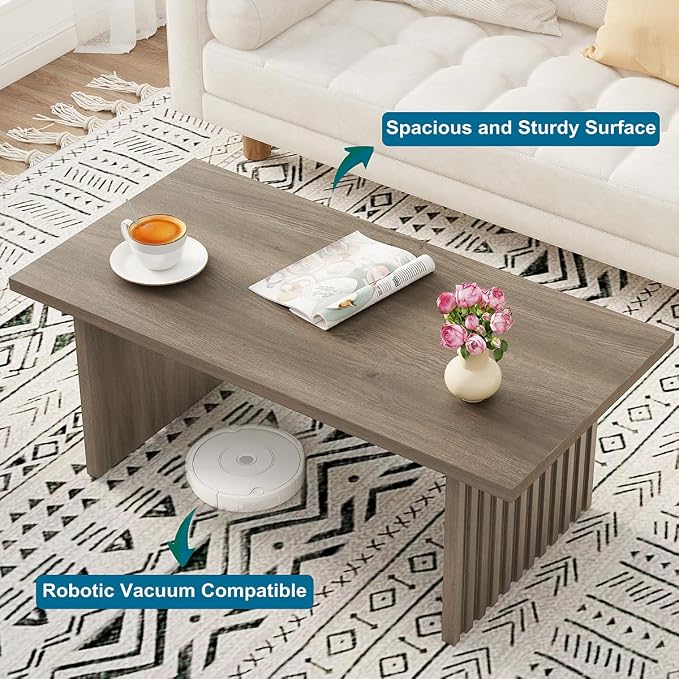 BON AUGURE 43 Inch Coffee Table, Fluted Wood Living Room Tables, Rectangle Gray Coffee Tables for Living Room, Grey Center Table for Home, Office (Greige Oak)