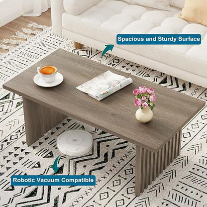 BON AUGURE 43 Inch Coffee Table, Fluted Wood Living Room Tables, Rectangle Gray Coffee Tables for Living Room, Grey Center Table for Home, Office (Greige Oak)