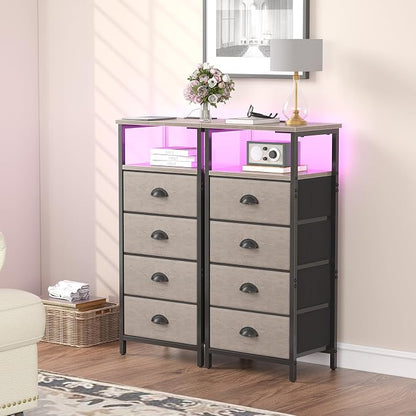 sthmec Nightstand with Charging Station,LED Grey Nightstand with 4 Fabric Drawers, Bedside End Tables, 2-Tier Open Storage Shelf Side Table Nightstand with Drawers for Bedroom,Grey