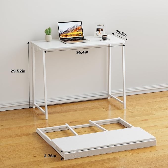 WOHOMO Folding Desk, Small Writing Desk 39.4", Space-Saving Foldable Laptop Table Writing Workstation for Home Office, Easy Assembly, White