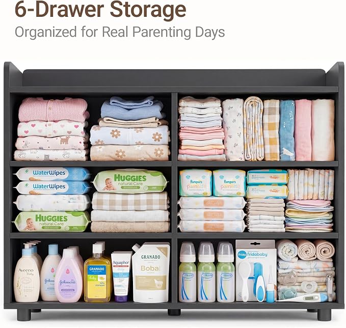 MAMAZING Keeva Pro 6-Drawer Baby Dresser with Changing Table, Easy Assembly | Black Wooden Nursery Dresser, Anti-Tip Design & Adjustable Feet, Dresser for Bedroom, Kids & Toddler Storage, 44" Wide