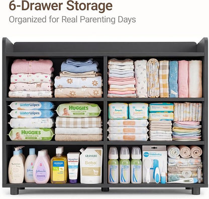 MAMAZING Keeva Pro 6-Drawer Baby Dresser with Changing Table, Easy Assembly | Black Wooden Nursery Dresser, Anti-Tip Design & Adjustable Feet, Dresser for Bedroom, Kids & Toddler Storage, 44" Wide