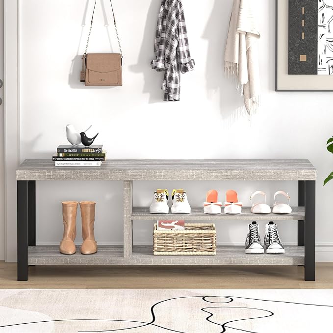 FOLUBAN Shoe Storage Bench, Rustic Wood Entryway Bench for Hallway Entrance, Vintage Indoor Bench with Shoe Storage and Seating for Bedroom Living Room, Light Grey, 47 Inch
