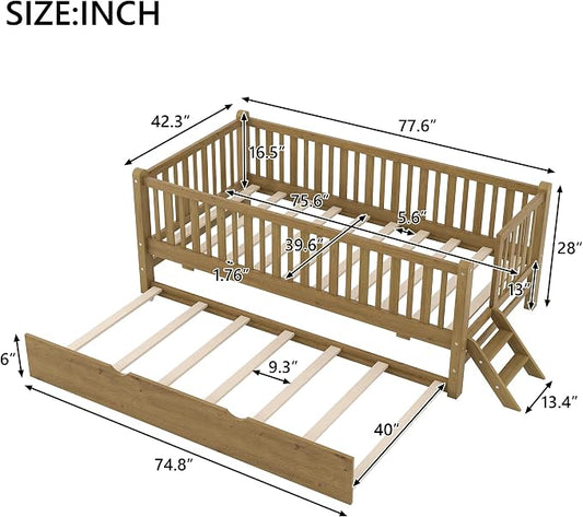 Merax Wood Twin Size Platform Bed with Guardrail and Trundle, Kids Bed Frame with Stairs, Walnut